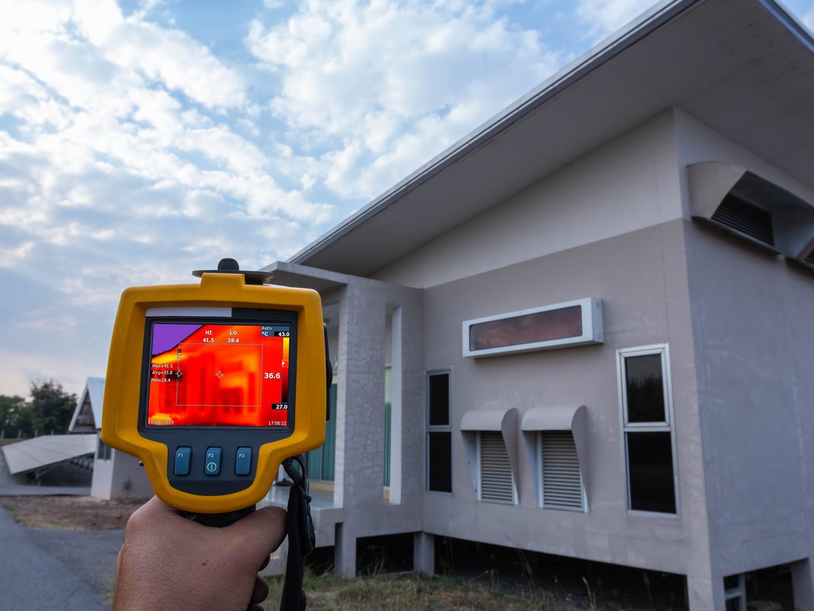 Eine Hand hält eine Wärmebildkamera, die auf ein Haus gerichtet ist, um die Wärmeverteilung zu visualisieren, wobei leuchtende Farben Wärmebereiche anzeigen – ein Werkzeug für Energieeffizienzprüfungen.