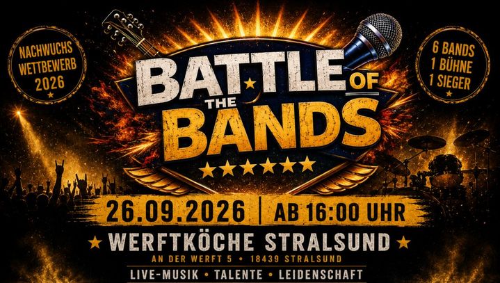 Sechs Nachwuchsbands aus Stralsund und der Region treten gegeneinander an beim Battle of the Bands 2026.