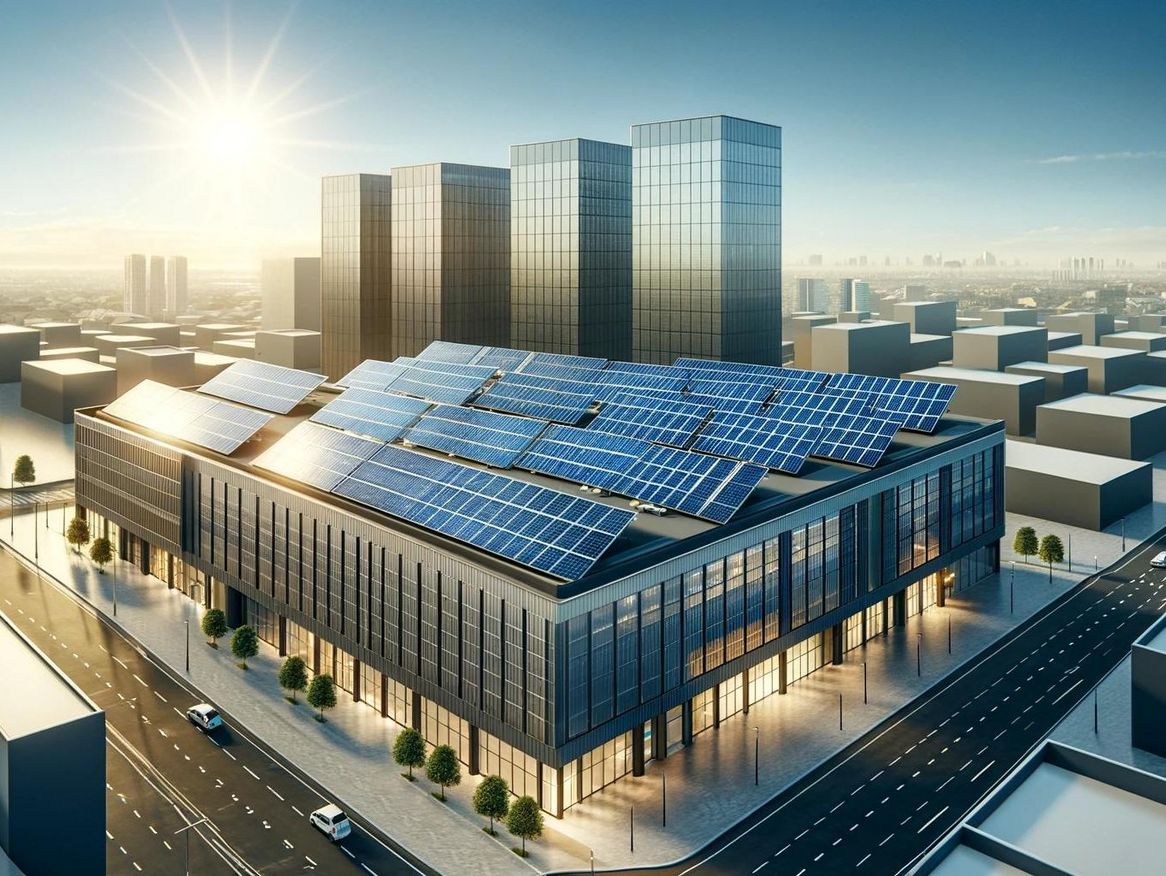 Eine winterliche Stadtansicht im Morgenlicht, mit einem markanten Gebäude, dessen Dach von schneebedeckten Solarpaneelen gekrönt ist, und Hochhäusern im Hintergrund, die sich gegen den frostigen Himmel abzeichnen.