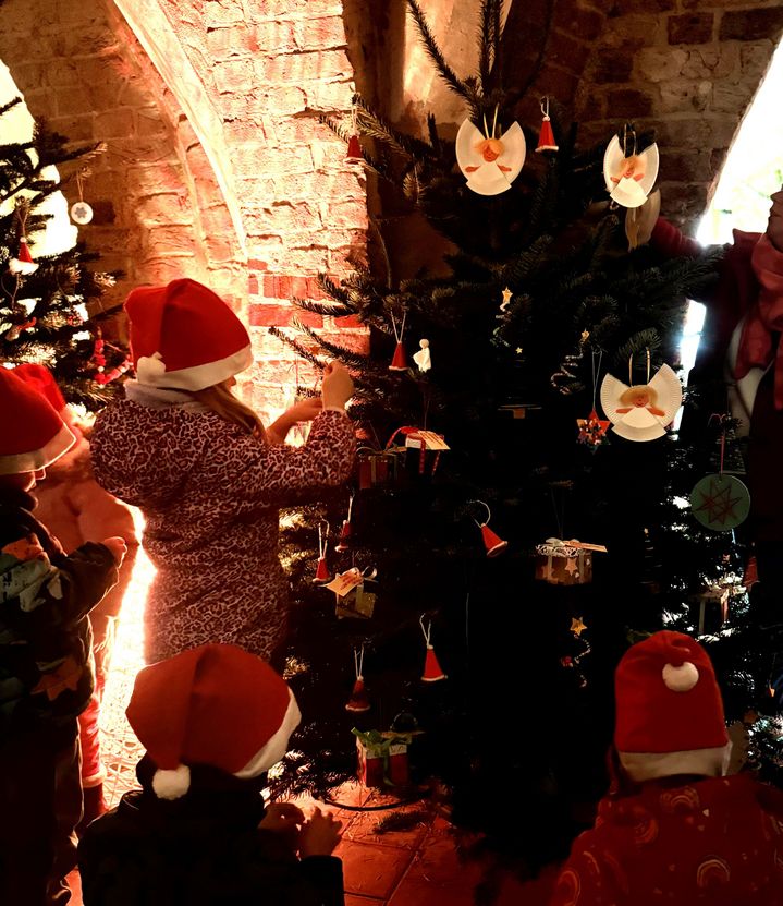 Kitas aus Stralsund und der Region schmücken 25 Tannen im historischen Gewölbekeller des Stralsunder Rathauses.