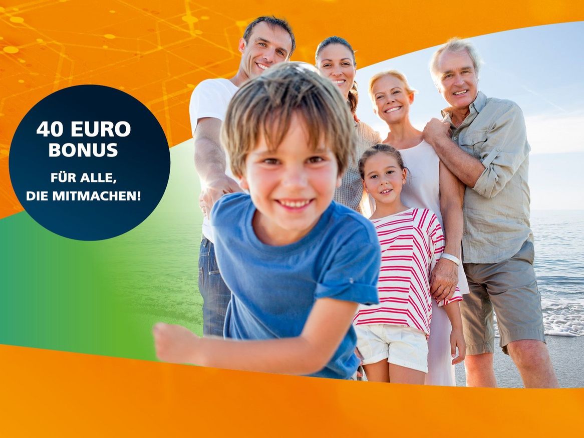 Fröhliche Familie in Stralsund freut sich über 40 Euro Neukundenbonus