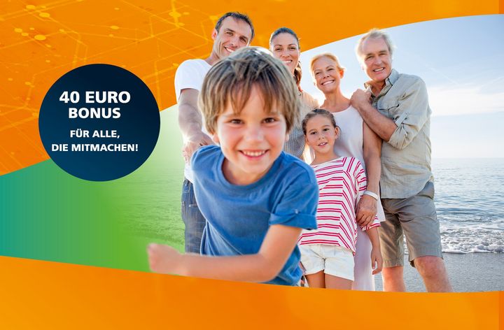 Fröhliche Familie in Stralsund freut sich über 40 Euro Neukundenbonus