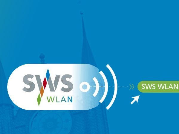 Banner mit einem Farbverlauf von Blau zu Grün, der die Silhouette einer Stadt mit spitzen Türmen abbildet. In der Mitte ist das Logo für 'SWS WLAN' zu sehen, flankiert von den Worten 'SWS WLAN der Stadtwerke' auf der rechten Seite.