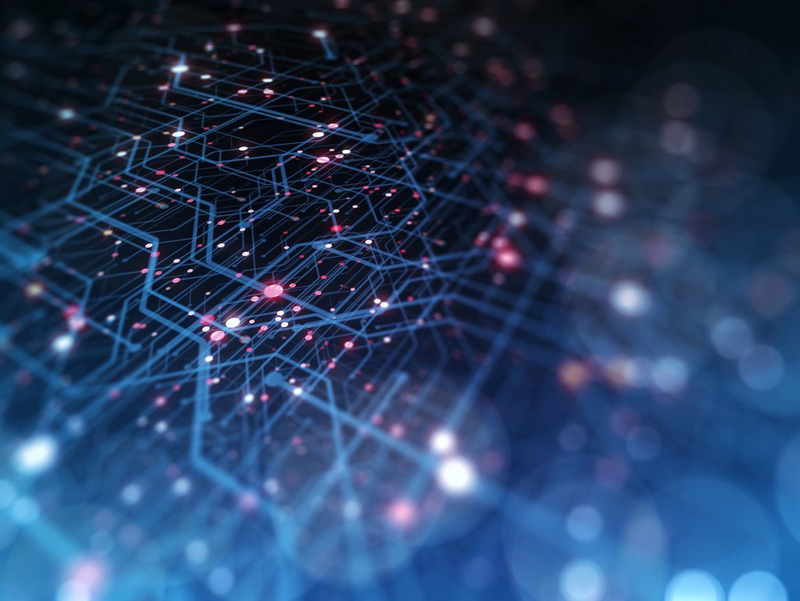 Das Bild zeigt ein Netz aus verbundenen Punkten und Linien auf einem dunkelblauen Hintergrund, was an ein digitales Netzwerk oder eine Datenstruktur erinnert. Es symbolisiert Konnektivität, Technologie und die Komplexität von Informationssystemen.