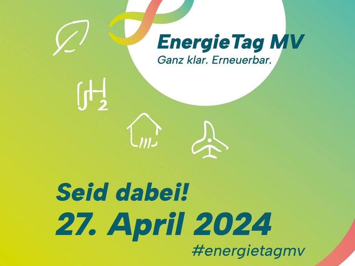 Das Bild ist ein farbenfrohes Poster für den "Energie Tag MV", der am 27. April 2024 stattfindet. Der Hintergrund wechselt sanft von gelb zu grün, mit einem großen weißen Kreis in der Mitte, der ein stilisiertes Symbol einer Windmühle und einen Vogel beinhaltet. Zusätzliche Symbole wie die Sonne, Wasserwellen und chemische Elemente sind auch sichtbar, was auf eine Veranstaltung mit Schwerpunkt auf erneuerbare Energien und Umwelt hinweist. Der Text „Seid dabei!“ fordert zur Teilnahme auf.