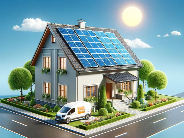 Eine stilisierte Darstellung eines nachhaltigen Zuhauses mit einem Solardach und einem Elektroauto am Ladeanschluss, eingebettet in eine saubere und grüne Umgebung, was auf ein umweltfreundliches Lebenskonzept hinweist.