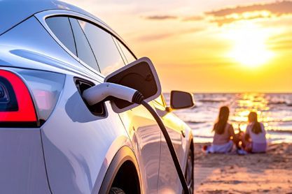 Elektroauto an der Stromladesäule schnell laden und nebenbei am Strand chillen