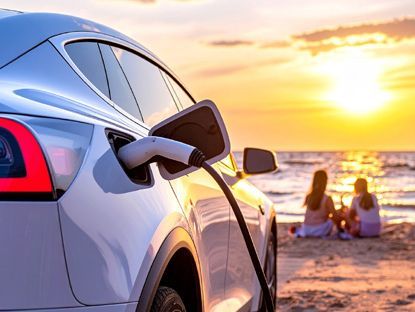 Elektroauto an der Stromladesäule schnell laden und nebenbei am Strand chillen