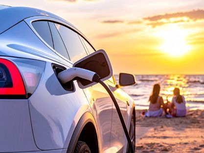 Elektroauto an der Stromladesäule schnell laden und nebenbei am Strand chillen