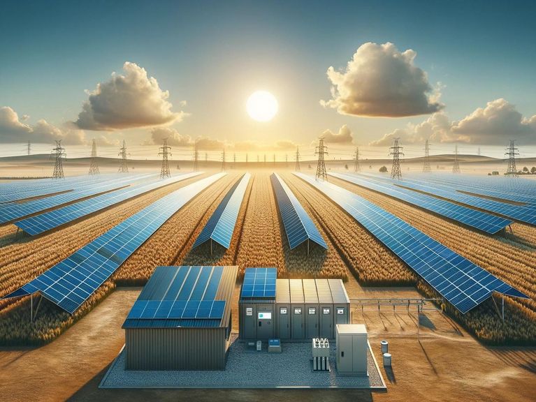 Ein Sonnenuntergang über einem ausgedehnten Solarpark, dessen zahlreiche blau schimmernde Solarmodule in Reihen angeordnet sind, eine Szenerie, die den Übergang zu erneuerbaren Energien einfängt.