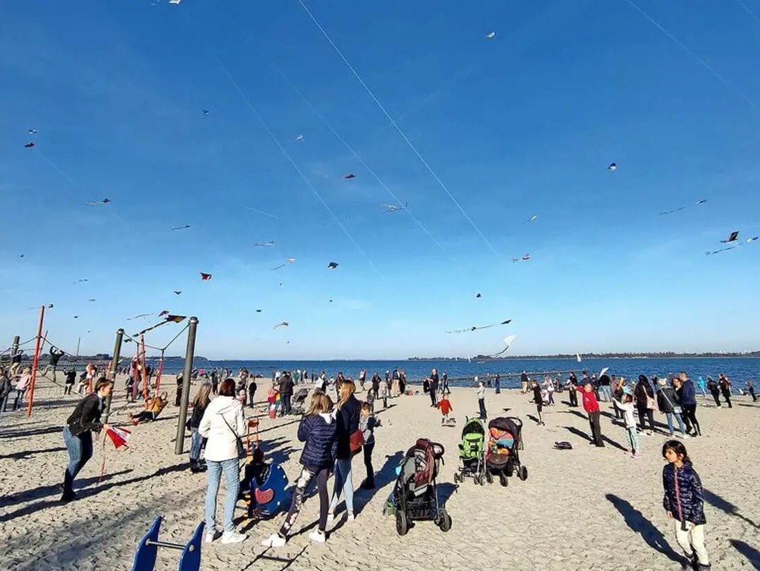 Ein belebter Strand voller Menschen, die die Sonne genießen, mit einem klaren blauen Himmel, der die sommerliche Atmosphäre an der Küste unterstreicht.
