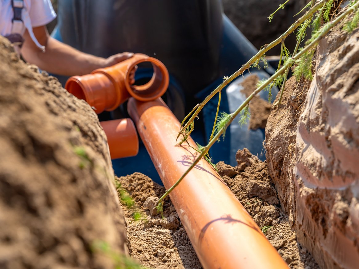 Eine Person in Arbeitskleidung verbindet zwei orangefarbene PVC-Rohre in einer Baugrube, ein wichtiger Schritt beim Verlegen von Abwasserleitungen oder anderen Infrastrukturprojekten. Die Szene betont die handwerkliche Präzision, die bei solchen Tiefbauarbeiten erforderlich ist.