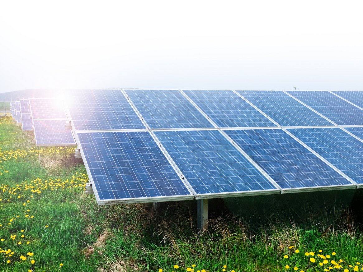 Solarpanels stehen in einer Reihe auf einem Feld und fangen das Sonnenlicht ein. Das Bild vermittelt die Nutzung erneuerbarer Energien und zeigt die Integration der Solartechnologie in natürliche Umgebungen.