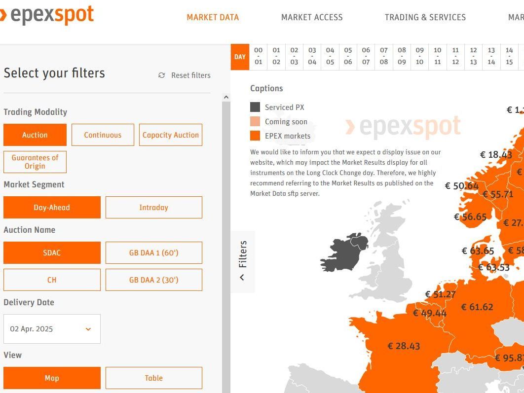 Spotmarktpreis für Deutschland von der Börse epexspot