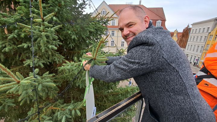 Stralsunder Oberbürgermeister beim Schmücken des Weihnachtsbaumes gemeinsam mit den Stralsunder Werkstätten.